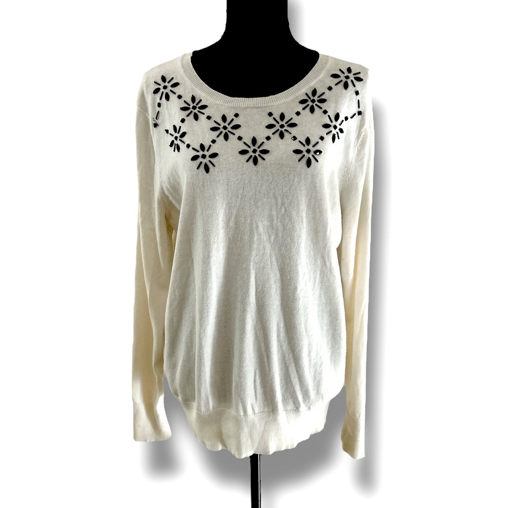 Jones NY Cream Sweater with Black Beaded Floral Design Size XL